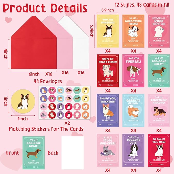 TICIAGA 144pcs Valentine's Day Cartoon Puppy Animal Greeting Card with Envelop and Stickers for Kids, Cute Dog Pet Notecard Exchange Gift for Boys and Girls School Classroom, Valentines Party Favors