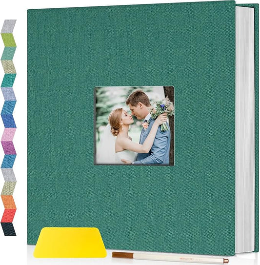 popotop Photo Album Self Adhesive with Picture Display Window,40 Pages DIY Scrapbooking Supplies Kit for 4x6 10x12 Picture,Linen Cover Memory Book for Baby Wedding, with Scraper and Metallic Pen