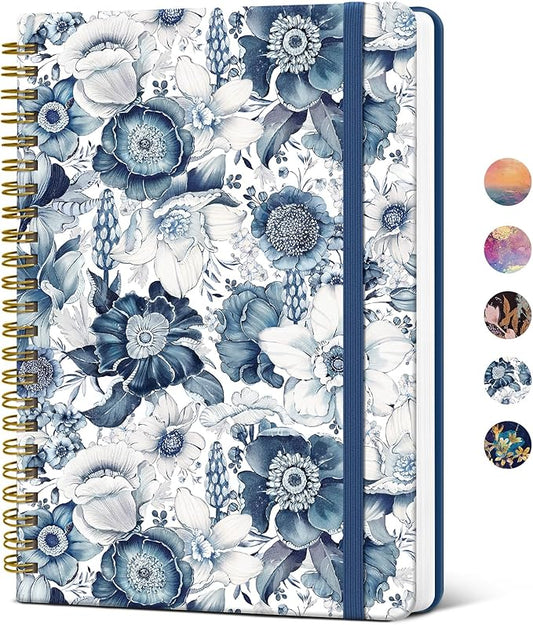 Lined Spiral Journal for Women, A5 Hardcover Cute Notebook for Work & Note Taking, Aesthetic Pretty Journal for Writing, 140 Pages, 6"x8", Blue Flora