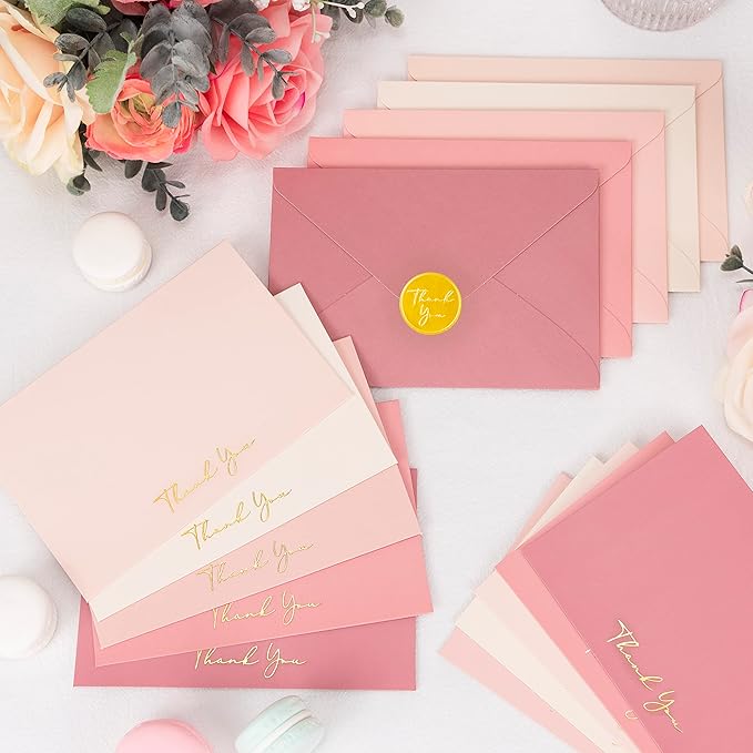 Crisky Dusty Rose Thank You Cards with Envelopes & Stickers， 50 Pack Bridal Shower Graduation Thank You Cards Small Business, Wedding Baby Shower Birthday Funeral Notes Bulk