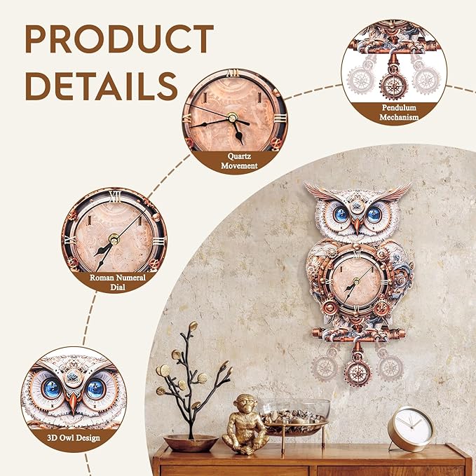 3D Puzzles for Adults Clock-Mechanical Owl Design Model Kit-Mechanical DIY Pendulum Clock with Roman Numerals-Desk Home Office Decor Personalized Gift for DIY Lovers