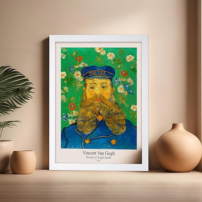 Monem Art Vintage Van Gogh Poster - Retro Portrait of the Joseph Roulin Print - Impressionism Art - Postman Art - Fine Art - Classic Painting Art - Living Room Wall Decor - 16x20 White Framed