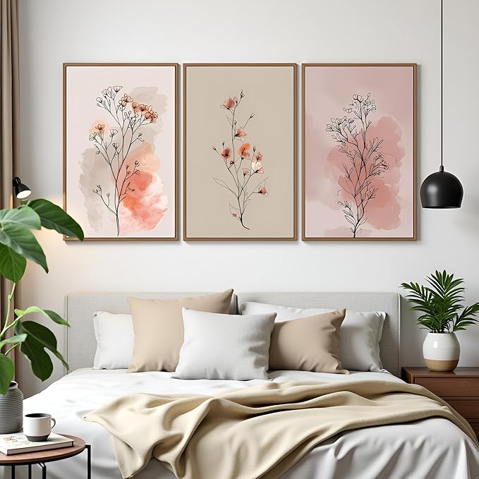 okudolit Boho Vintage Flower Wall Art Set of 3 Minimalist Floral Botanical Prints Rustic Wildflower Wall Decor Beige and Pink Neutral Plant Painting for Living Room Bedroom Office-16x24in