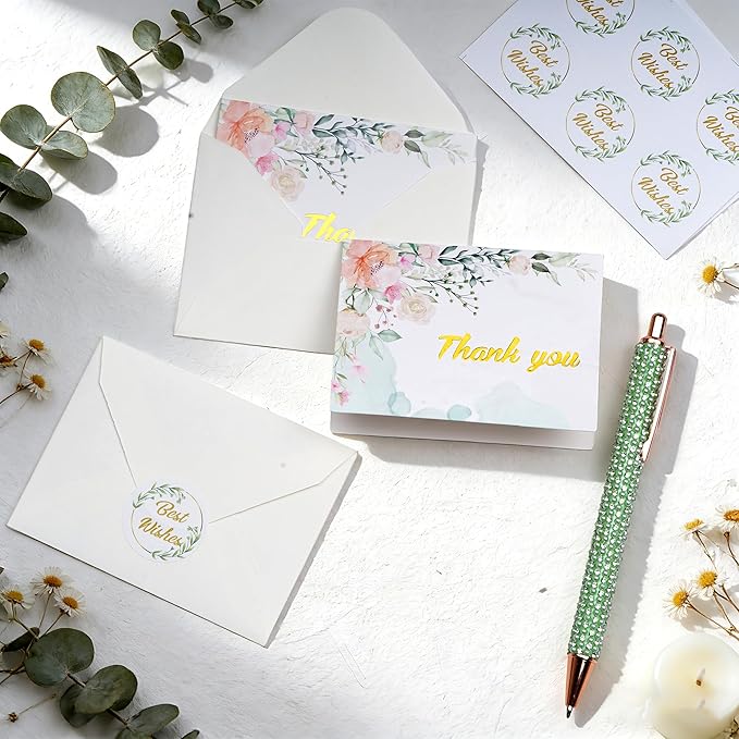 20 Pack Flower Thank You Cards with Envelopes and Stickers 3.66x2.76'' Gold Foiled Greeting Card Wildflower Thank You Cards Set Mixed Color Gift Card for Friends Family