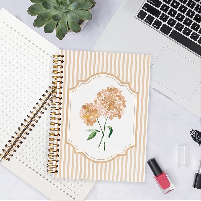 Coquette Preppy Hydrangea Notebooks, Brown and White Stripes Girly Floral Journal, Aesthetic Hydrangea Flower Spiral Notebook Journal for Note Taking, Girly Office Supplies, 5.5x8.3 Inch