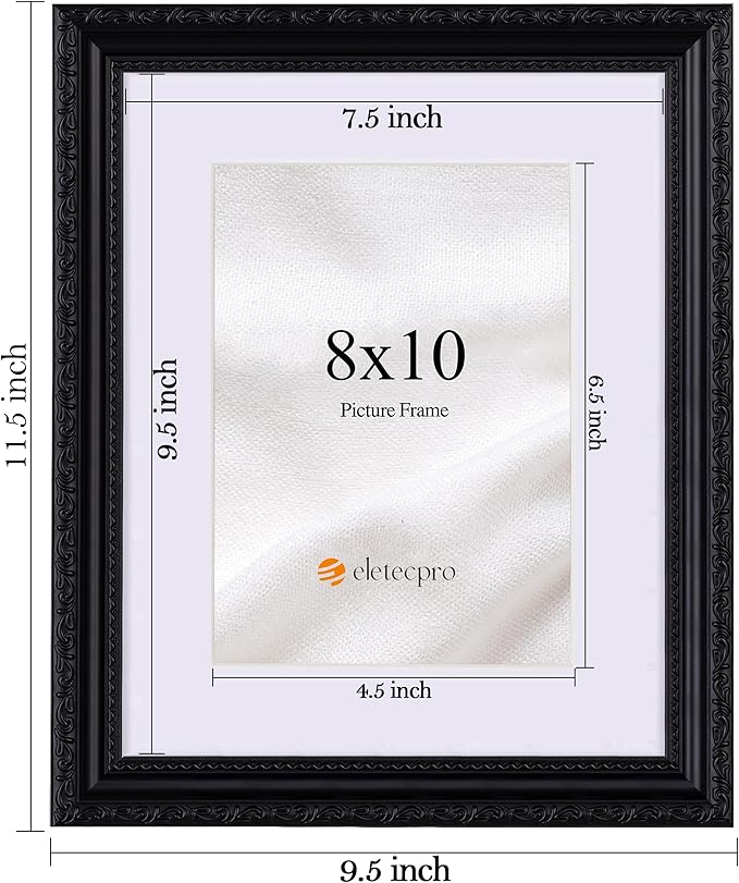 eletecpro 8x10 Picture Frames Set of 4, Vintage Photo Frame with Glass, Frames 8 x 10 Display 5x7 Photo with Mat or 8x10 without Mat for Tabletop or Wall Decor, Black