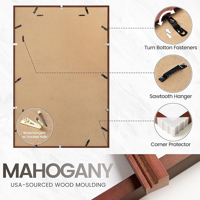 24x30 Poster Frame, USA-Sourced Natural Mahogany Wood Picture Collage Frame with HD Tempered Glass, Modern Simple 24 x 30 Wooden Photo Frame Matted to 18x24, Vertical & Horizontal Wall Hanging Display