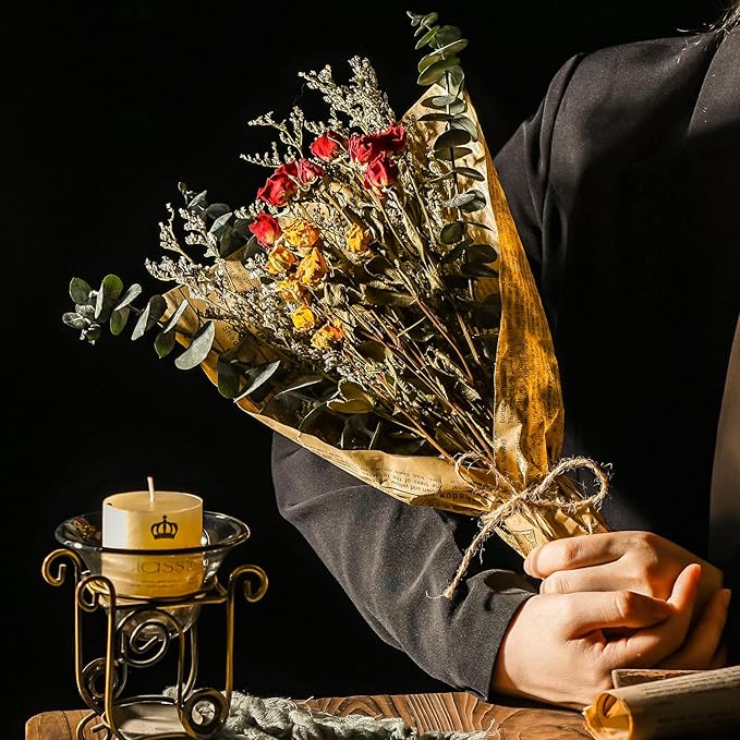 Dried Rose Flower Bouquet with Eucalyptus, Babies Breath Used for Home Farmhouse Decor, Table Decor Real Dried Flowers for vase, Gift for Mother Friend. 16.5 Inches
