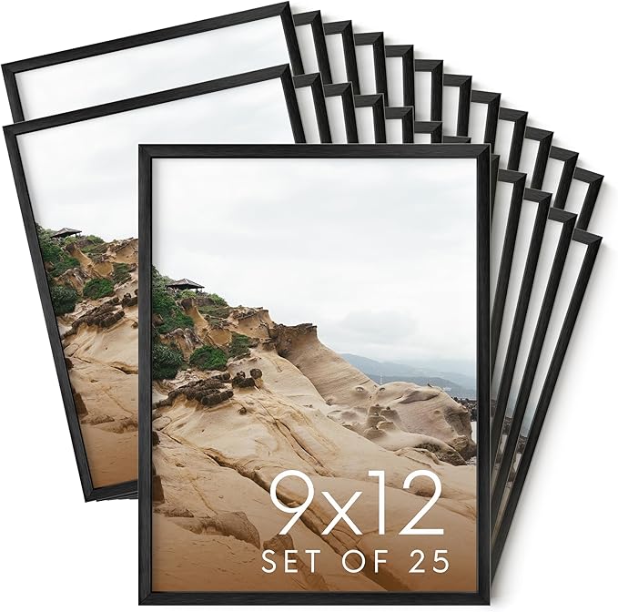 HAUS AND HUES 9x12 Black Metal Picture Frames - Features Premium Aluminum, Vertical & Horizontal Hang, Shatterproof Plexiglass - Ideal for Home, Room, Office (9x12 in, Black, Set of 25)