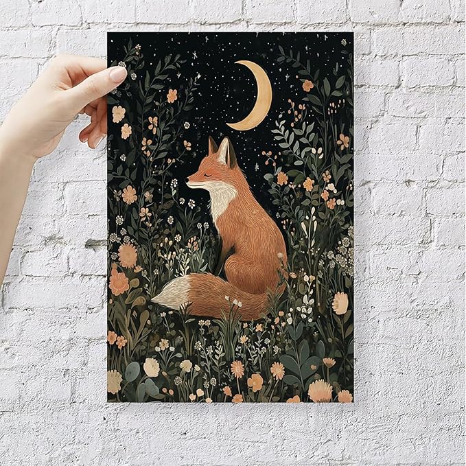 Fairytale Dreamy Fox Wall Art Vintage Moonlit Forest Floral Plant Night Canvas Poster Print Whimsical Nature Aesthetic Picture Decor for Nursery Living Room Bedroom Office 12x16inch Unframed