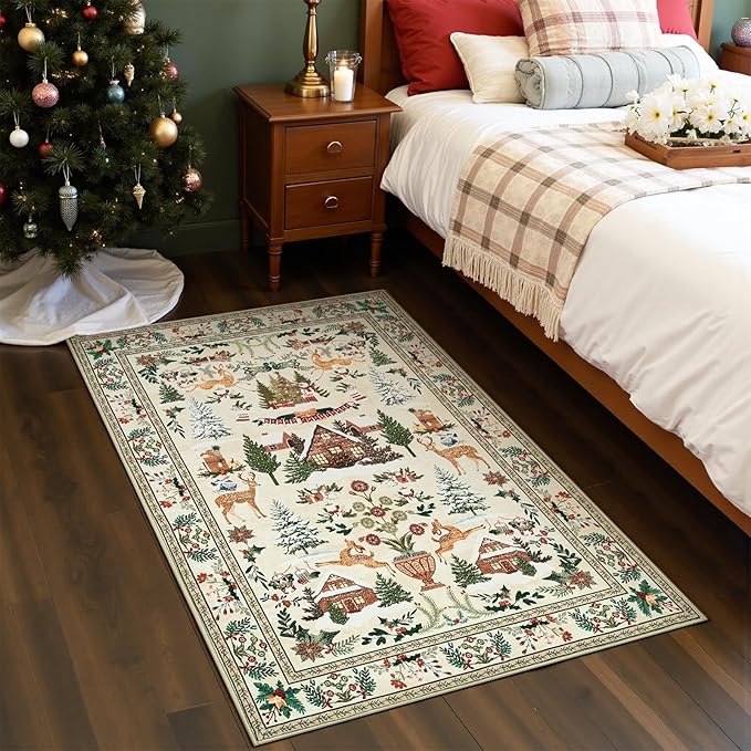 jinchan Christmas Rug 3x5 for Entryway Kitchen Holiday Rug for Bedroom Christmas Tree and Cabin Printed Xmas Decor for Living Room Bathroom Washable Non Slip Decorative Floor Carpet Green on Beige