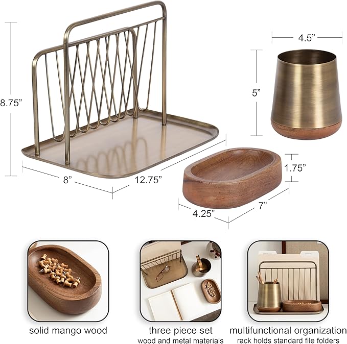 Kate and Laurel Koni Modern Three-Piece Home Office Organization Set, 13 x 8 x 9, Walnut Brown and Antique Brass, Wood and Metal Organizational Set for Office with File Folder Holder