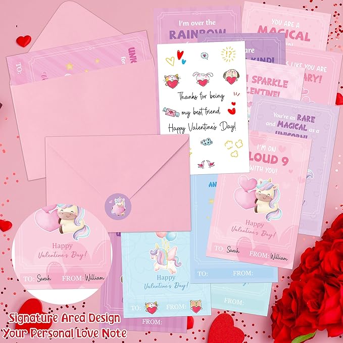 TICIAGA 72pcs Valentine's Day Unicorn Greeting Card with Envelop and Stickers for Kids, Charming Design Unicorn Notecard Gift Cards for Boys and Girls School Classroom Exchange, Valentines Party Favor