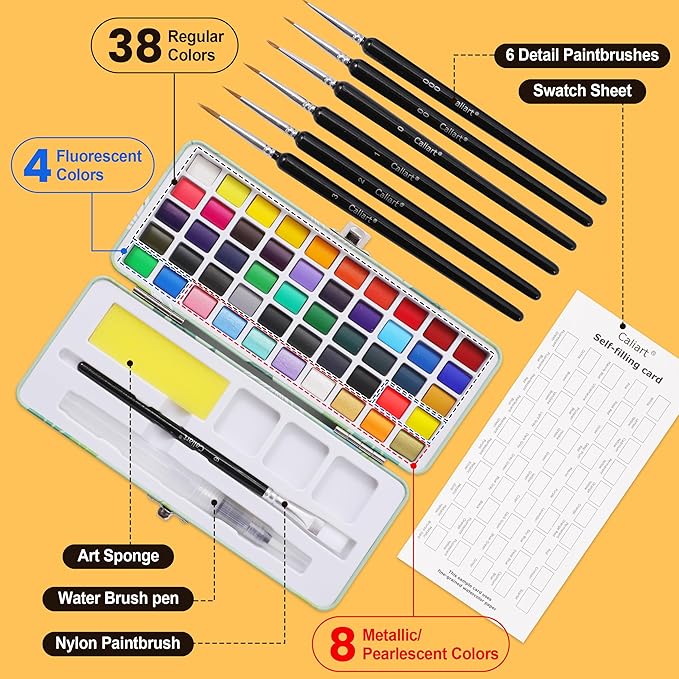 Caliart Watercolor Paint Set, 50 Colors Portable Travel Water Color Palette Kit with Detail Paint Brush, Art Supplies for Painting Coloring, Christmas Gifts for Artist Adult Teen Girls Boys Beginners