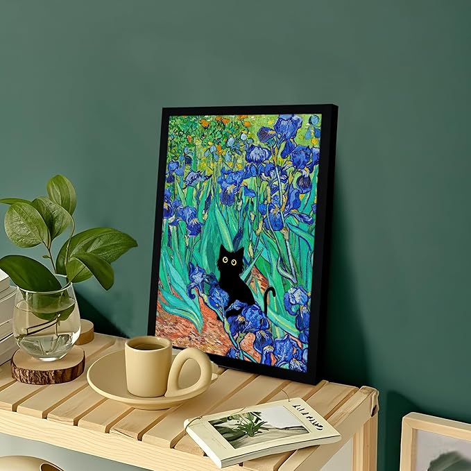Fantasy Artists Van Gogh Irises Cat Wall Art, Framed Vintage Garden Canvas Wall Decor, Funny Black Cat Poster Prints, Paintings,Bathroom,bedroom,Living Room Artwork Decorations 8" Wide X 10" Height