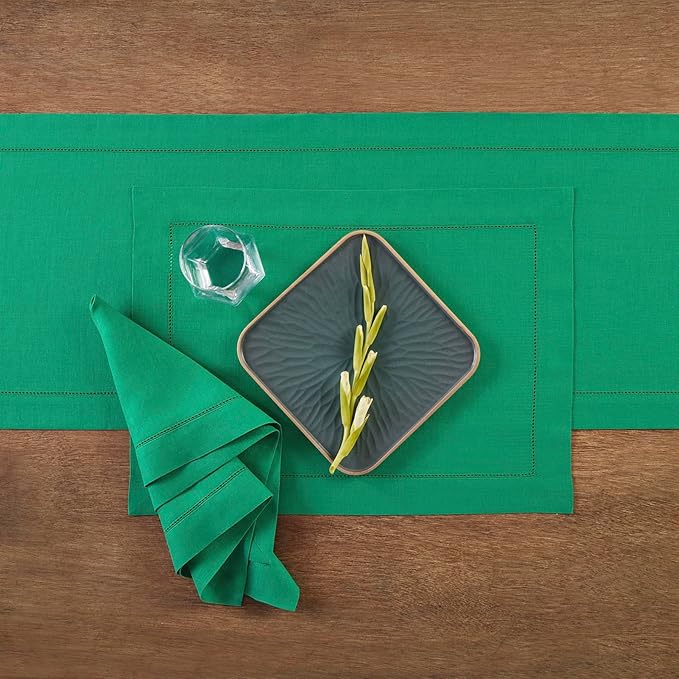 Solino Home Linen Hemstitch Table Runner 120 Inches Long - 100% Pure Linen Emerald Green Table Runner 14 x 120 Inch for St Patricks Day - Classic Hemstitch