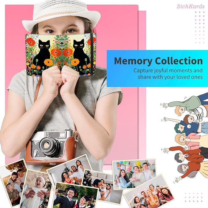 Mini Photo Album 2x3,60 Photos Capacity,PU Leather Cover with Elastic Band,High Definition Waterproof PP Pages for Family Wedding Anniversary Baby Record,Black Cat Wildflower