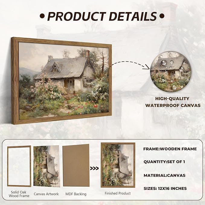 Framed Farmhouse Wall Decor, Country Cottage Pictures Wall Art, Pastoral Nature Landscape Canvas Print, Vintage Farm House Oil Painting Artwork for Bedroom Living Room – 12x16 inch