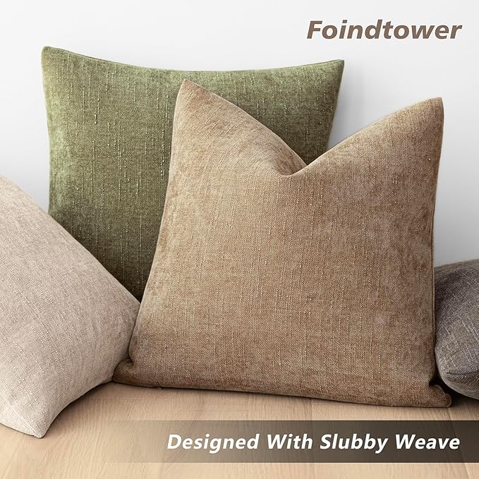 Foindtower Pack of 2 Textured Chenille Throw Decorative Pillow Covers Square Accent Solid Cushion Cover Neutral Farmhouse Pillow Case for Couch Sofa Bedroom Living Room 18x18 Inch,Taupe Khaki Camel