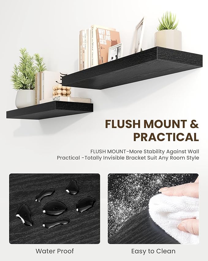 Marsmiles 72" Floating Shelves for Wall, Wooden Shelves with Invisible Brackets Set of 2, Rustic Farmhouse Wall Mounted Shelf for Kitchen Bathroom Living Room Study, Black