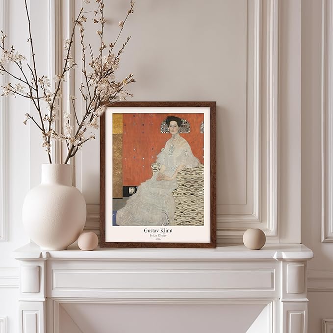 Poster Master Vintage Gustav Klimt Poster - Retro Fritza Riedler Print - Art Nouveau - Portrait Art - Symbolism Art - Aesthetic Art - Classic Painting - Living Room Decor - 8x10 Brown Framed