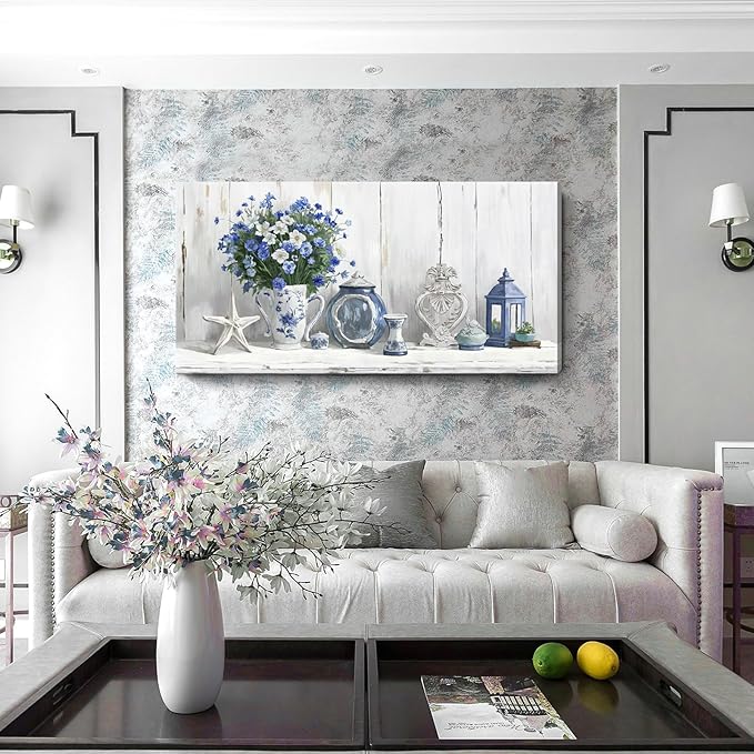 Nicetop Large Coastal Wall Art – Blue and White Floral Artwork, Rustic Farmhouse Canvas Prints with Flowers, Lantern and Ceramics Vintage Country Cottage Picture for Living Room Bedroom Kitchen 48x24 Inch