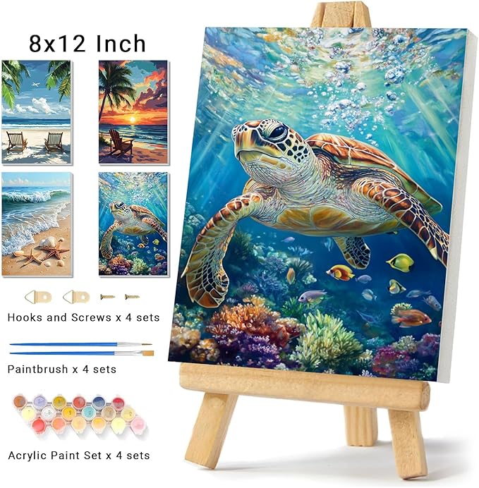 4 Pack Framed Paint By Numbers Kit for Adults Beginner Beach Adult Paint By Number Kits on Canvas Sea Turtle Painting By Numbers for Adults with Frame Diy Painting Kits for Home Wall Art 8x12 Inch