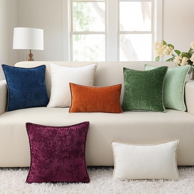 decorUhome Spring Chenille Soft Throw Pillow Covers 22x22 Set of 2, Farmhouse Velvet Neutral Decorative Euro Sham Pillow Covers with Stitched Edge for Couch Sofa Bed Home Decor, Mineral Yellow