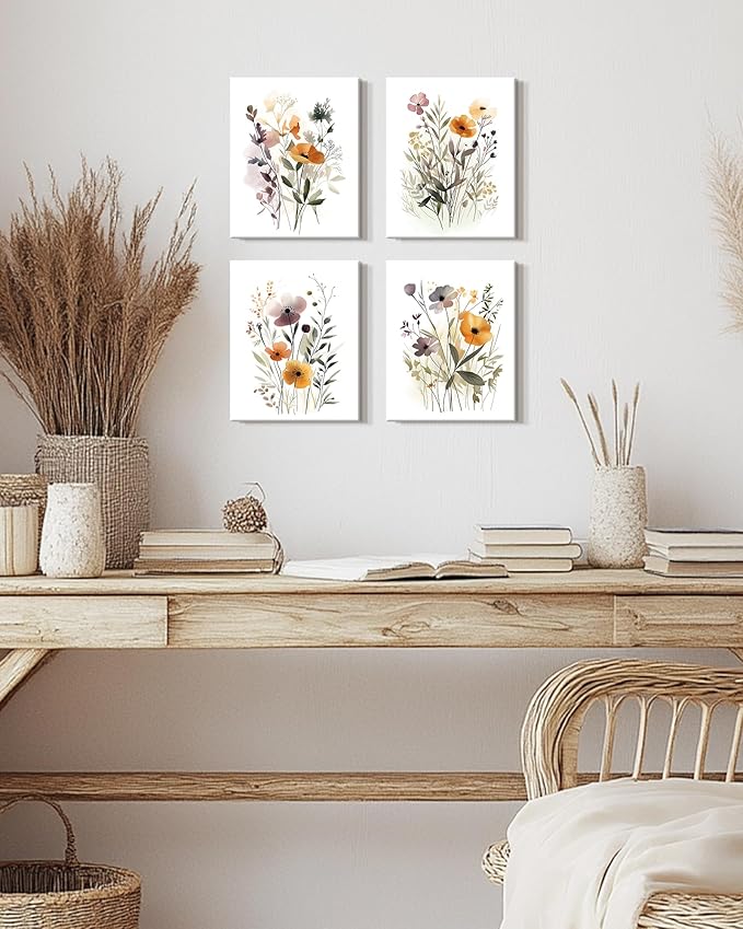 Drsoum Wildflower Bouquet Boho Framed Wall Art Wooded Minimalist Aesthetic Botanical Flower Prints Modern Plants Bathroom Kitchen Home Decor Ready to Hang 8x10inx4pcs (Framed)