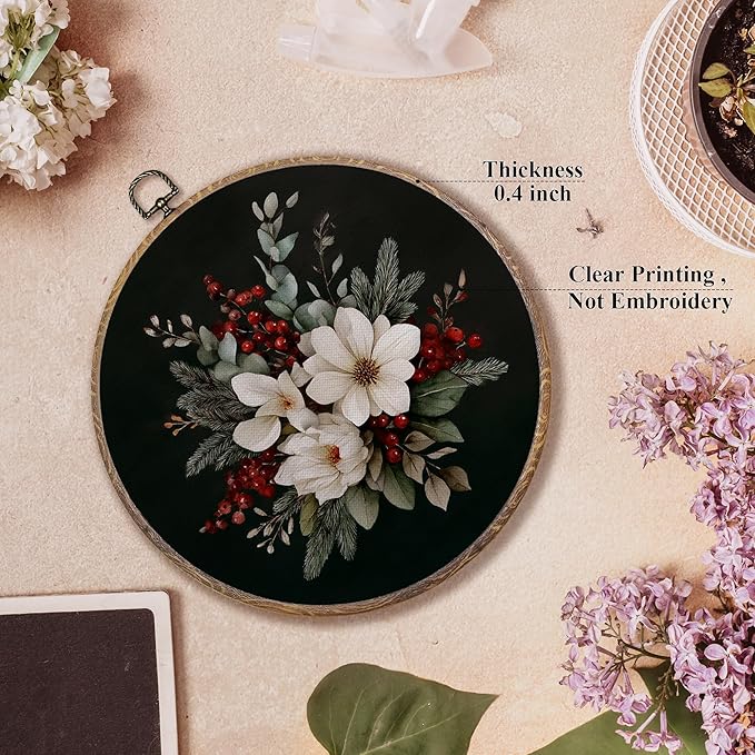 FUGWN Vintage Christmas Bouquet Floral Round Wall Art Decor Framed, Winter Christmas Canvas Artwork Prints, Rustic Moody Xmas Flower Wall Hanging Decorations for Home Bedroom Living Room, 10x10 Inch