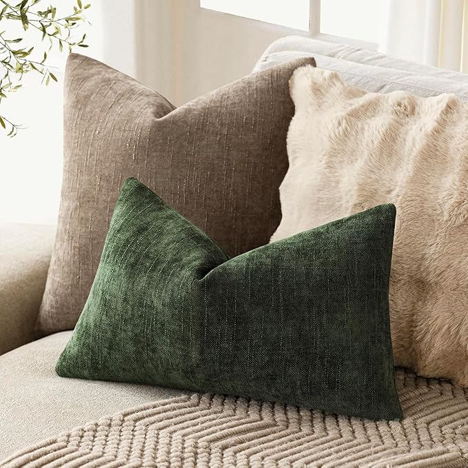 Foindtower Pack of 2 Soft Textured Chenille Throw Decorative Pillow Covers Lumbar Accent Solid Cushion Cover Cozy Farmhouse Pillow Case with Zipper for Couch Sofa Bed Living Room 12x24 Inch,Dark Green