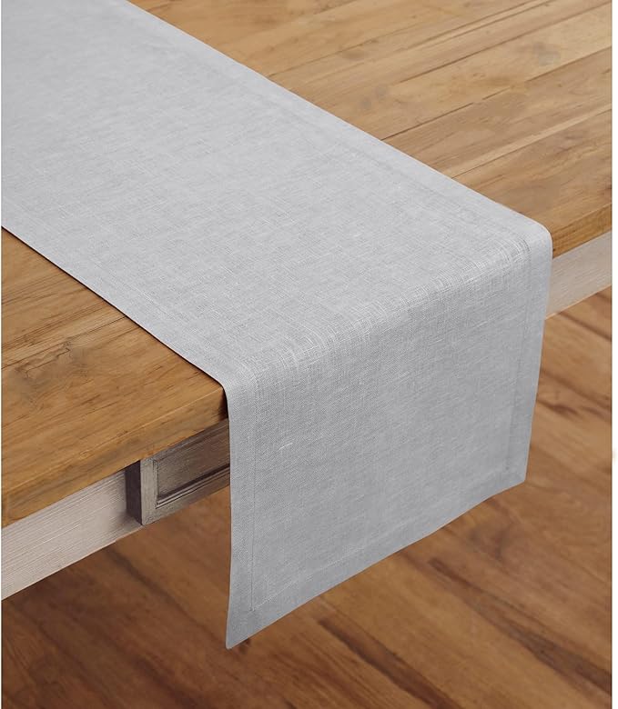 Solino Home Linen Soft Grey Table Runner 120 Inches Long - 100% Pure Linen 14 x 120 Inch Table Runner for Winter, Spring - Fete