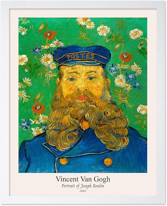 Monem Art Vintage Van Gogh Poster - Retro Portrait of the Joseph Roulin Print - Impressionism Art - Postman Art - Fine Art - Classic Painting Art - Living Room Wall Decor - 16x20 White Framed