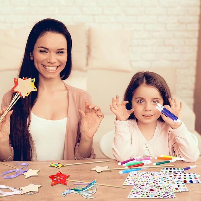 72 Pcs Unfinished Star Princess Fairy Wands Kit Make Your Own Princess Wand DIY Art Craft Magical Wand Include 24 Star Wooden Fairy Wands 12 Gem Stickers 24 Ribbons 12 Markers for Kids Party Supplies