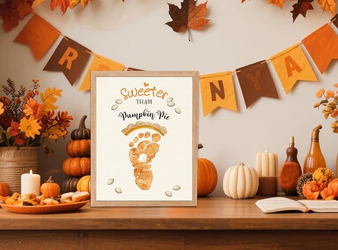 Sweeter Than Pumpkin Pie Footprint Art Craft Kit for Thanksgiving Activities, 10 Pcs Thanksgiving Crafts Bulk DIY Footprint Card Making, Footprint Keepsake Gift for Mother Father Grandma Grandpa