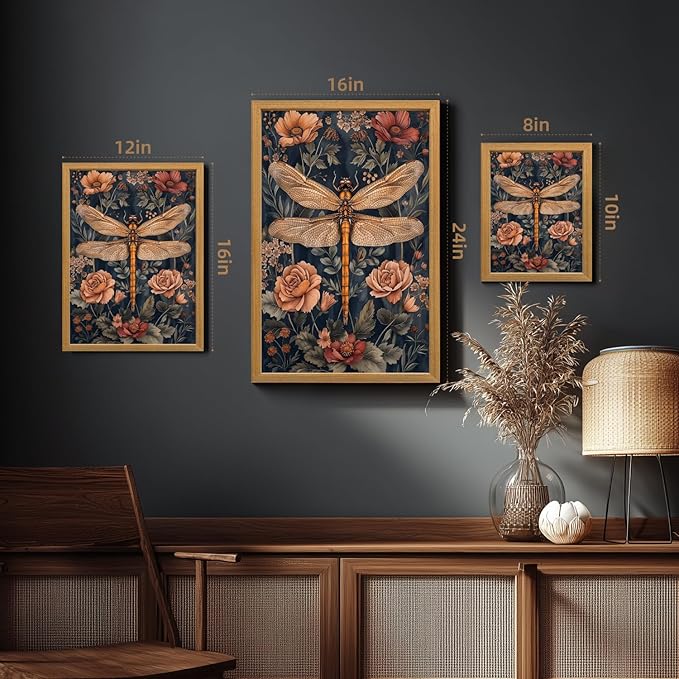 LLEEMPI William Morris Wall Art, Vintage Dragonfly Floral Wall Decor, Abstract Insect Flower Canvas Painting, Nature Botanical Poster Print for Living Room Bedroom Bathroom Office Wood Framed 16x24 inch