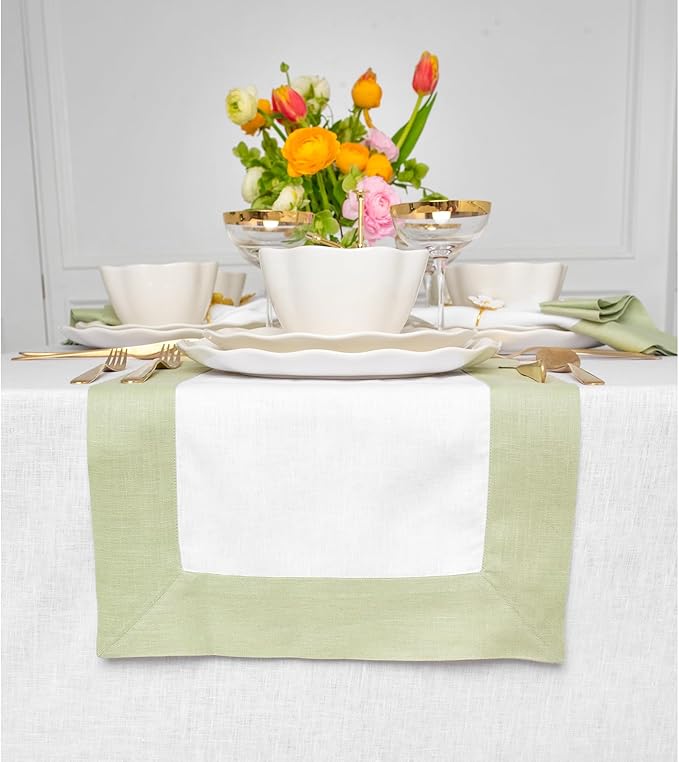 Solino Home Linen Table Runner 36 Inches - 100% Pure Linen Sage Green and White Table Runner 14 x 36 Inch Ideal for Dresser and Coffee Tables - Winter, Spring, Easter, St Patricks Day - Contempo