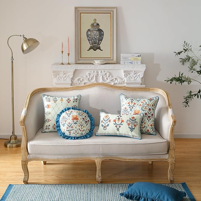 ISAENNE Design Linen Throw Pillow Covers Set of 4, Blue Country Cushion Covers with Colorful Wildflower Pattern Decor Lumbar Round Square Pillowcases for Bed,Living Room,Outdoor,Car