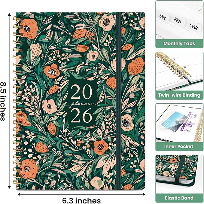 2026 Planner, Monthly and Weekly Calendar Planner for Women, Jan 2026 - Dec 2026, Hardcover Pretty 2026 Agenda Planner Book with Tabs, Spiral Bound, Perfect for School Office Home Supplies, 6.3" x 8.5" - Verdant Bloom