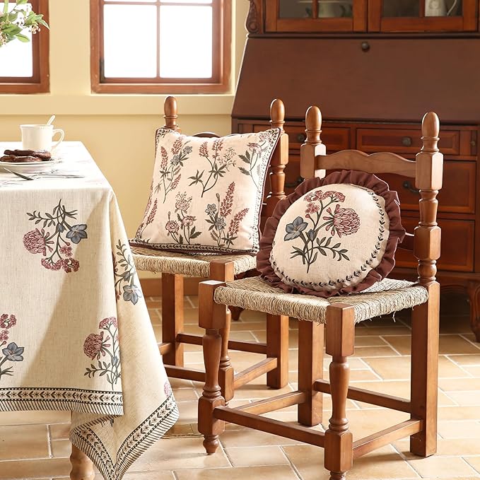 ISAENNE Design Linen Vintage Lumbar Square Round Throw Pillow Covers Set of 4, French Country Cushion Covers with Pink Blue Floral Pattern Decoration Pillowcases for Bed,Living Room,Outdoor,Car