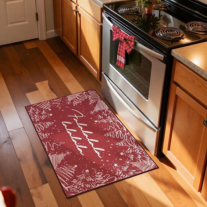 JINCHAN Deck the Halls Christmas Rug 2x3 for Entryway Washable Christmas Tree Kitchen Rug Red Xmas Doormat Non-Slip Soft Small Carpet Winter Festive Holiday Decor for Front Door Bathroom Porch Bedside