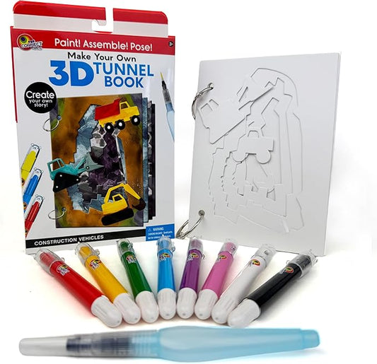 EyeConnect Crafts DIY Medium 3D Tunnel Book - Construction Vehicles | Creative Pop-in STEAM Craft Set for Kids & Teens | Build Paint & Customize with Mini Characters | Fun Pop-Up Art Activity Kit