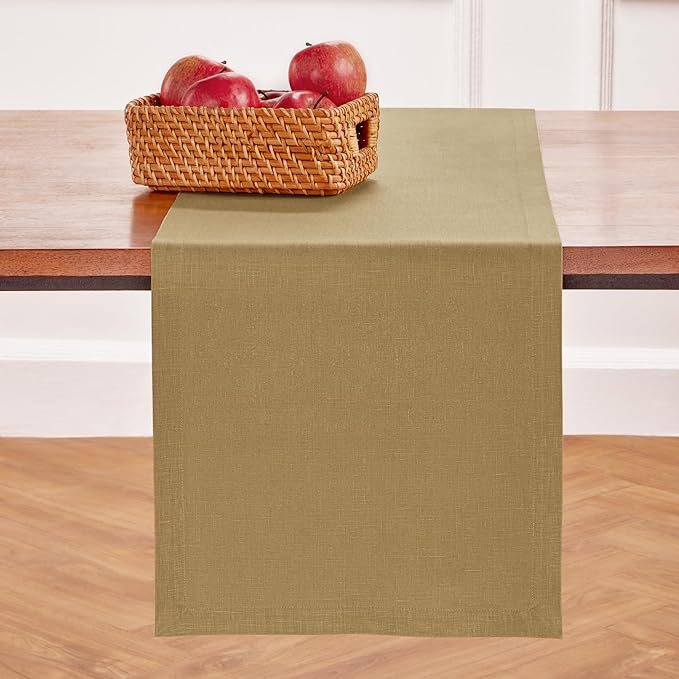 Solino Home Linen Table Runner 60 Inches - 100% Pure Linen Kelp Table Runner 14 x 60 Inch Ideal for Dresser and Coffee Tables, Spring - Diana Medium Weight