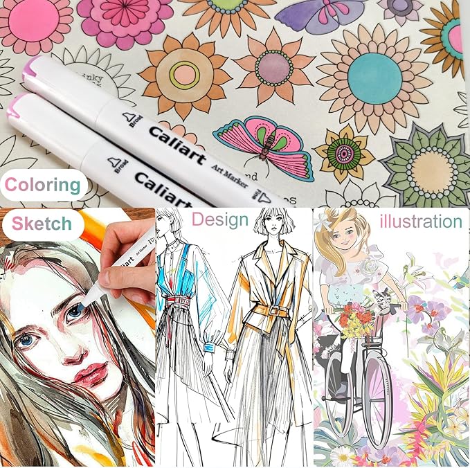 Caliart Pastel Markers, 100 Colors Dual Tip Art Markers Sketch Pens Permanent Alcohol Based, with Case for Adults Artists Drawing Illustration Sketching Coloring