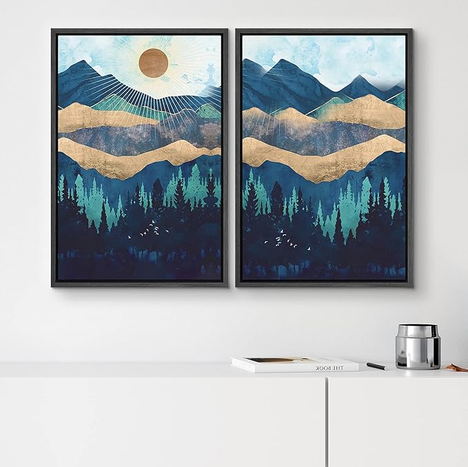 SIGNWIN Framed Canvas Print Wall Art Set Gold Blue Geometric Mountain Forest Landscape Nature Wilderness Illustrations Modern Art Scenic Colorful for Living Room, Bedroom, Office - 24"x36"x2 Black