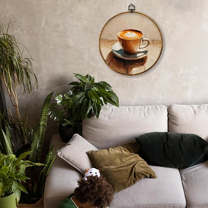 Hiuwevt Retro Coffee Round Wall Art Decor, Vintage Latte Framed Canvas Prints, Rustic Cottagecore Coffee Round Wall Hanging Decor for Home Kitchen Dining Room Decorations, 10x10 Inches