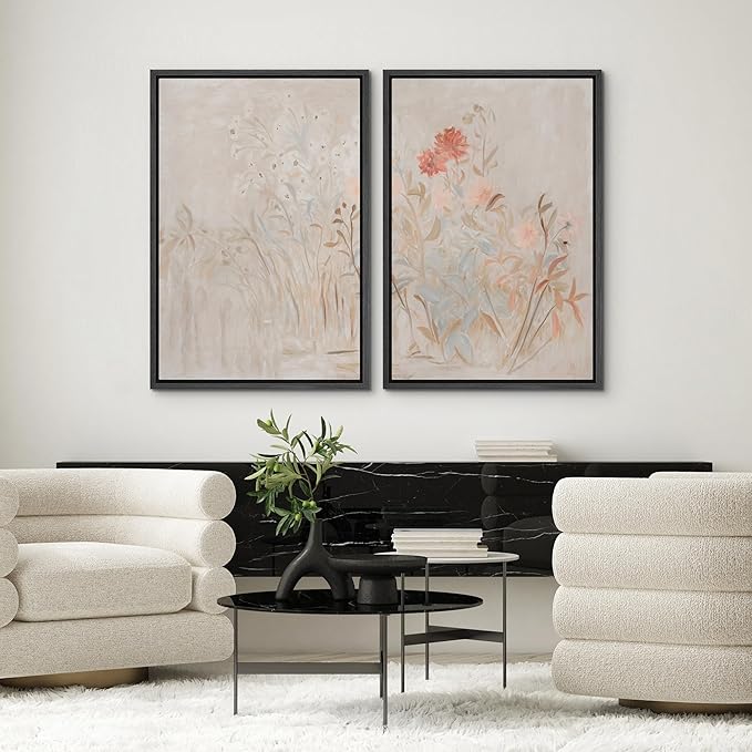 SIGNWIN Framed Canvas Print Wall Art Set Soft Pastel Wildflower Botanical Floral Illustrations Modern Art Scenic Colorful for Living Room, Bedroom, Office - 24"x36"x2 Black