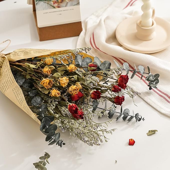 Dried Rose Flower Bouquet with Eucalyptus, Babies Breath Used for Home Farmhouse Decor, Table Decor Real Dried Flowers for vase, Gift for Mother Friend. 16.5 Inches