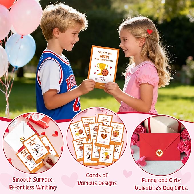TICIAGA 144pcs Valentine’s Day Basketball Greeting Cards with Envelop and Stickers for Kids, 4 x 6 IN Sport Theme Exchange Gift Cards for Boys and Girls School Classroom Supplies, Valentines Party Favors