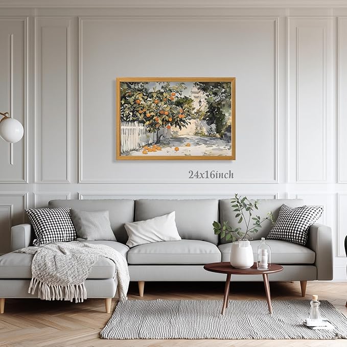 LLEEMPI Orange Tree Wall Art, Country Botanical Wall Decor, Vintage Fruit Canvas Painting, Rustic Farmhouse Poster Print for Kitchen Bathroom Bedroom Living Room Office Wood Framed 16x24 Inch